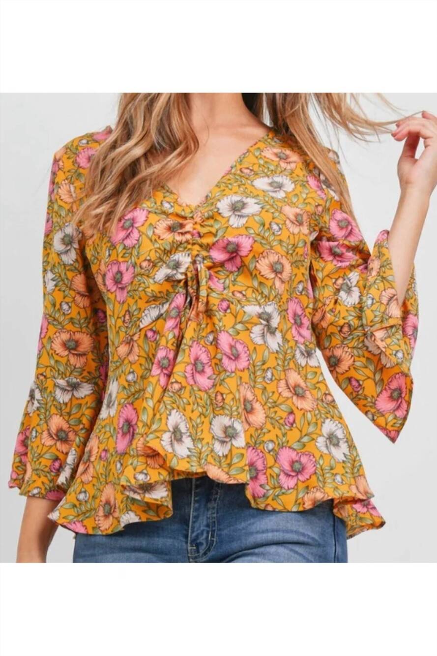 NEW SISTER FASHION women's floral flowing boho babydoll top in yellow
